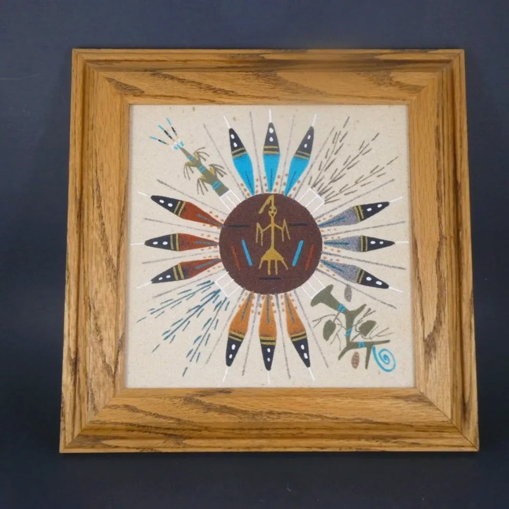 Original Hand-painted Native American Sand Art Painting with frame.